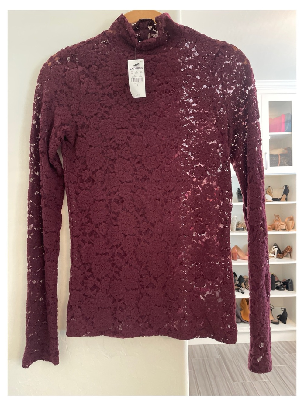 Express Burgundy Lace Long Sleeve Mock Neck Top